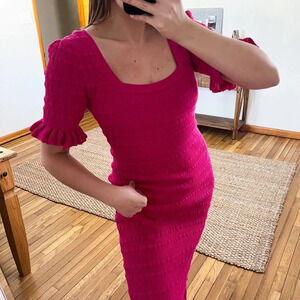 Adam Lippes Hot Pink Colorful Knit Ruffle Sleeve Designer Bodycon Midi Dress M